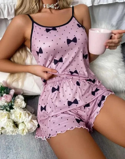 Women's Pajama Set Pajamas T-Shirts Shorts Pink Heart-Shaped Print Round Neck T-Shirt Ice Silk Top Comfortable Casual Summer - A-1 Thread Vault