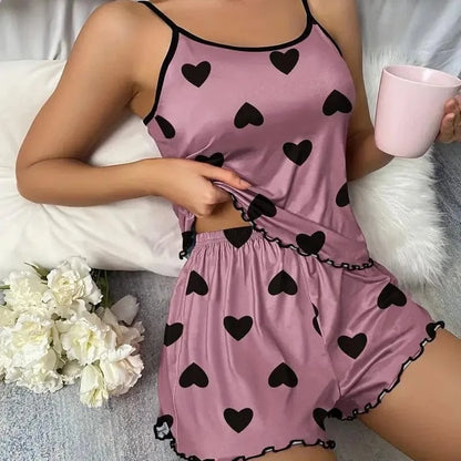 Women's Pajama Set Pajamas T-Shirts Shorts Pink Heart-Shaped Print Round Neck T-Shirt Ice Silk Top Comfortable Casual Summer - A-1 Thread Vault