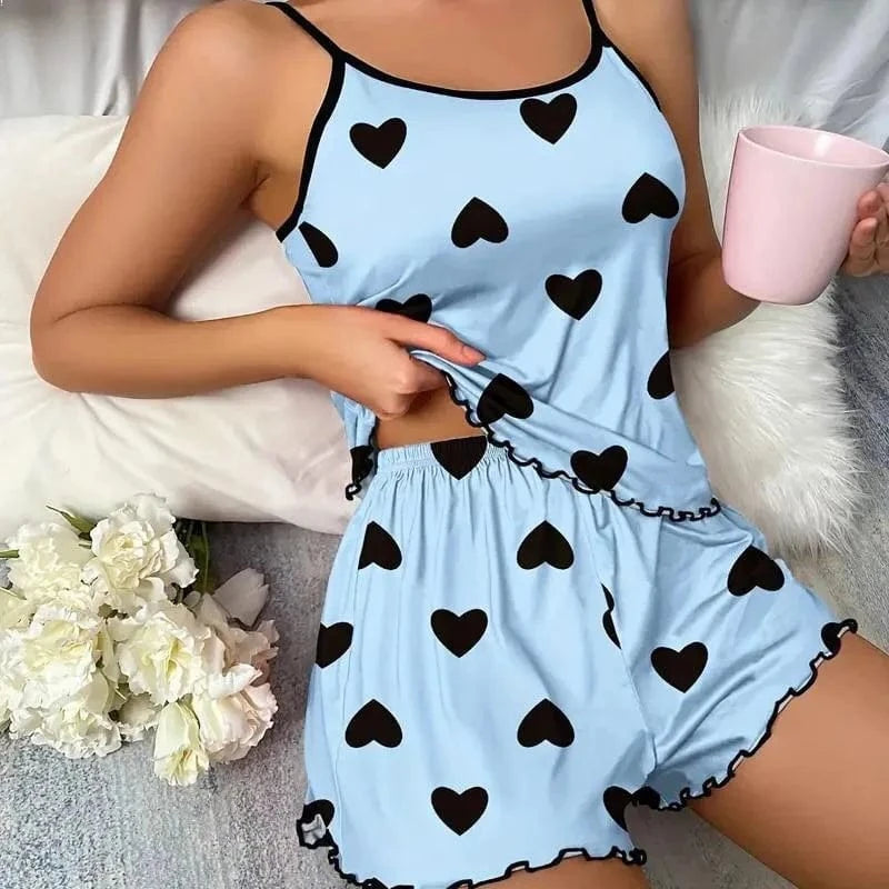 Women's Pajama Set Pajamas T-Shirts Shorts Pink Heart-Shaped Print Round Neck T-Shirt Ice Silk Top Comfortable Casual Summer - A-1 Thread Vault