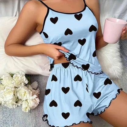 Women's Pajama Set Pajamas T-Shirts Shorts Pink Heart-Shaped Print Round Neck T-Shirt Ice Silk Top Comfortable Casual Summer - A-1 Thread Vault