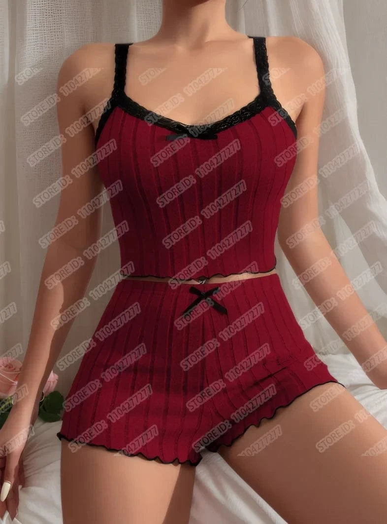 Women's Pajama Suit Suspender Sexy Butterfly Knot Strap Top Shorts Two Piece Set Comfortable Home Wear Spring Summer Sleepwear - A-1 Thread Vault