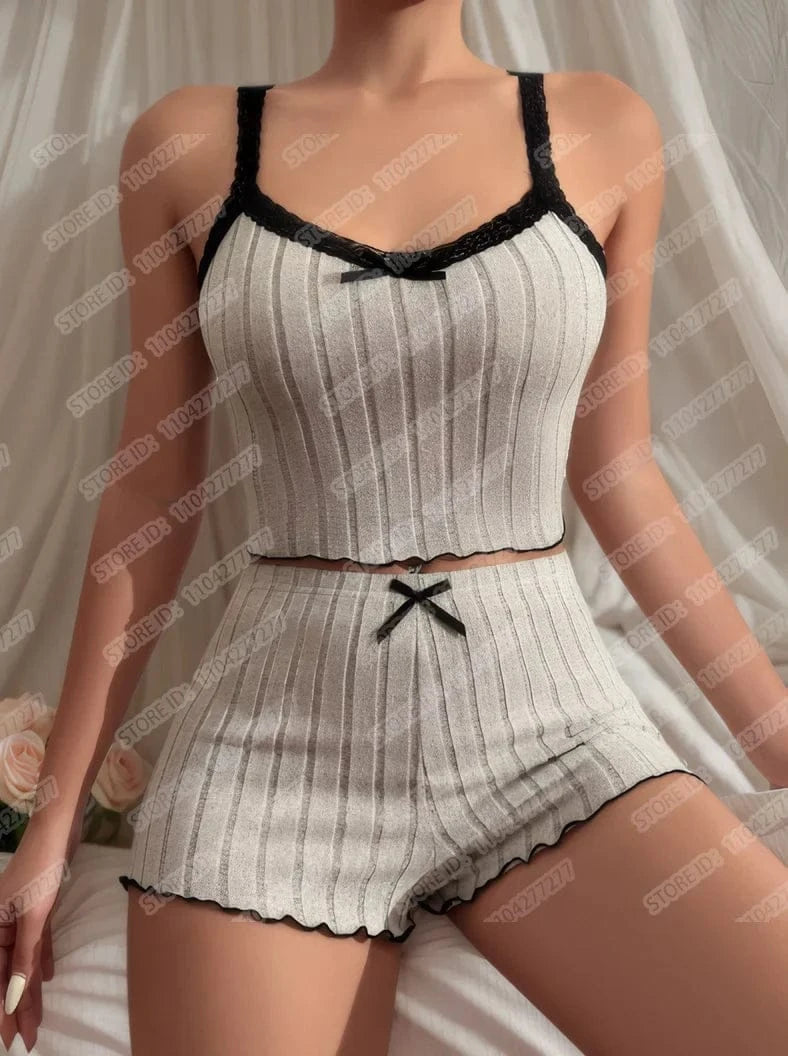Women's Pajama Suit Suspender Sexy Butterfly Knot Strap Top Shorts Two Piece Set Comfortable Home Wear Spring Summer Sleepwear - A-1 Thread Vault