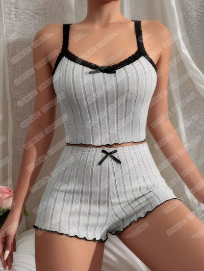 Women's Pajama Suit Suspender Sexy Butterfly Knot Strap Top Shorts Two Piece Set Comfortable Home Wear Spring Summer Sleepwear - A-1 Thread Vault