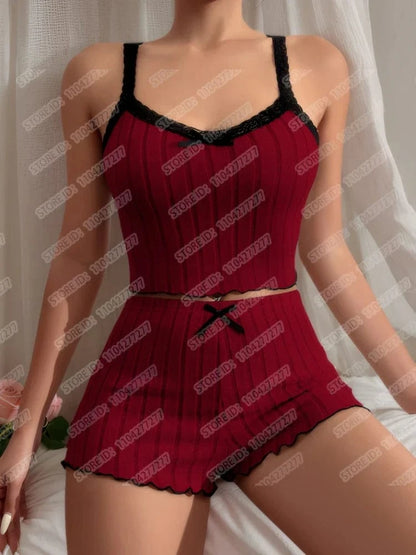 Women's Pajama Suit Suspender Sexy Butterfly Knot Strap Top Shorts Two Piece Set Comfortable Home Wear Spring Summer Sleepwear - A-1 Thread Vault