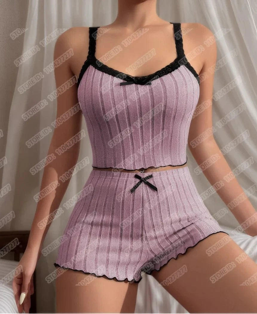 Women's Pajama Suit Suspender Sexy Butterfly Knot Strap Top Shorts Two Piece Set Comfortable Home Wear Spring Summer Sleepwear - A-1 Thread Vault