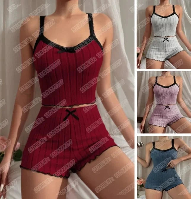 Women's Pajama Suit Suspender Sexy Butterfly Knot Strap Top Shorts Two Piece Set Comfortable Home Wear Spring Summer Sleepwear - A-1 Thread Vault
