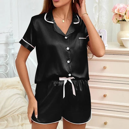 Women's Pajamas Lounge Set Heart Embroidered Pocket Patched Sleepwear Button Down Short Sleeve Top & Shorts Pyjama Home Clothing - A-1 Thread Vault