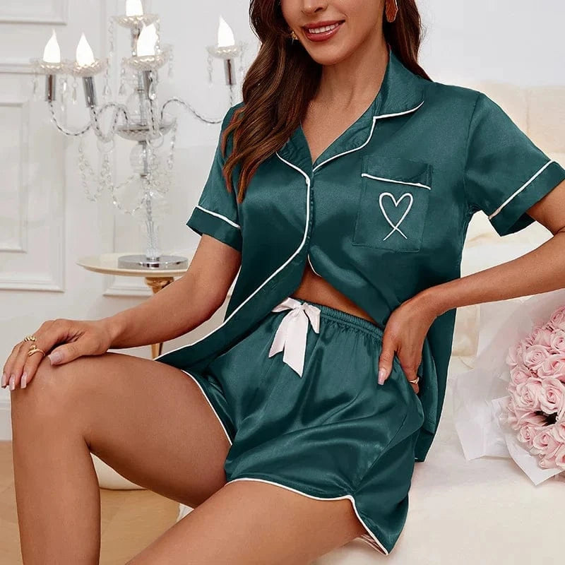 Women's Pajamas Lounge Set Heart Embroidered Pocket Patched Sleepwear Button Down Short Sleeve Top & Shorts Pyjama Home Clothing - A-1 Thread Vault