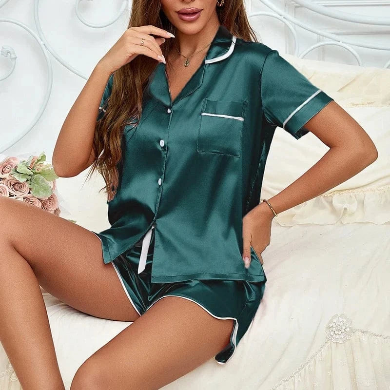 Women's Pajamas Lounge Set Heart Embroidered Pocket Patched Sleepwear Button Down Short Sleeve Top & Shorts Pyjama Home Clothing - A-1 Thread Vault