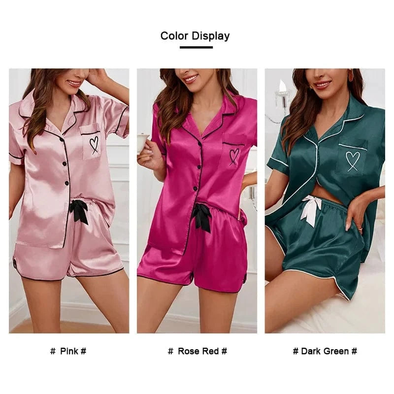 Women's Pajamas Lounge Set Heart Embroidered Pocket Patched Sleepwear Button Down Short Sleeve Top & Shorts Pyjama Home Clothing - A-1 Thread Vault