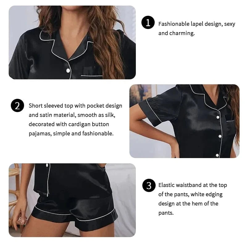 Women's Pajamas Set Satin Sleepwear Button Down Tops and Shorts Pajama 2 Piece Suit Pyjama Femme Nightwear Loungewear for Summer - A-1 Thread Vault