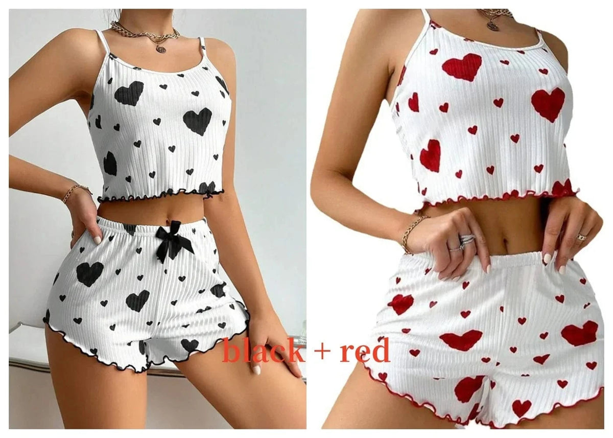 Women's Pajamas Set Sleepwear 2 PCS Short Tank Tops And Shorts S M L White Ventilate Soft Casual Love Printing - A-1 Thread Vault