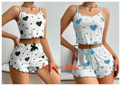 Women's Pajamas Set Sleepwear 2 PCS Short Tank Tops And Shorts S M L White Ventilate Soft Casual Love Printing - A-1 Thread Vault