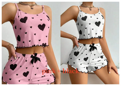 Women's Pajamas Set Sleepwear 2 PCS Short Tank Tops And Shorts S M L White Ventilate Soft Casual Love Printing - A-1 Thread Vault