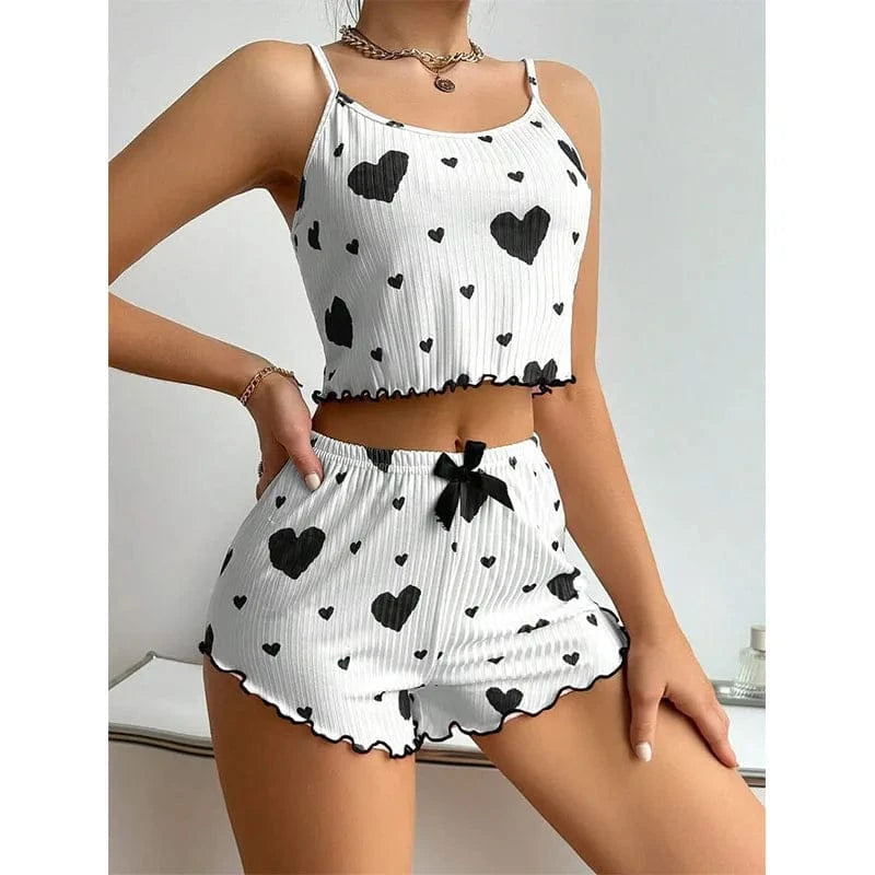 Women's Pajamas Set Sleepwear 2 PCS Short Tank Tops And Shorts S M L White Ventilate Soft Casual Love Printing - A-1 Thread Vault