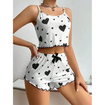 Women's Pajamas Set Sleepwear 2 PCS Short Tank Tops And Shorts S M L White Ventilate Soft Casual Love Printing - A-1 Thread Vault