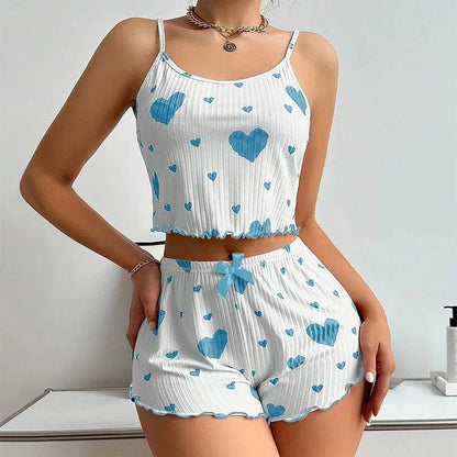 Women's Pajamas Set Sleepwear 2 PCS Short Tank Tops And Shorts S M L White Ventilate Soft Casual Love Printing - A-1 Thread Vault