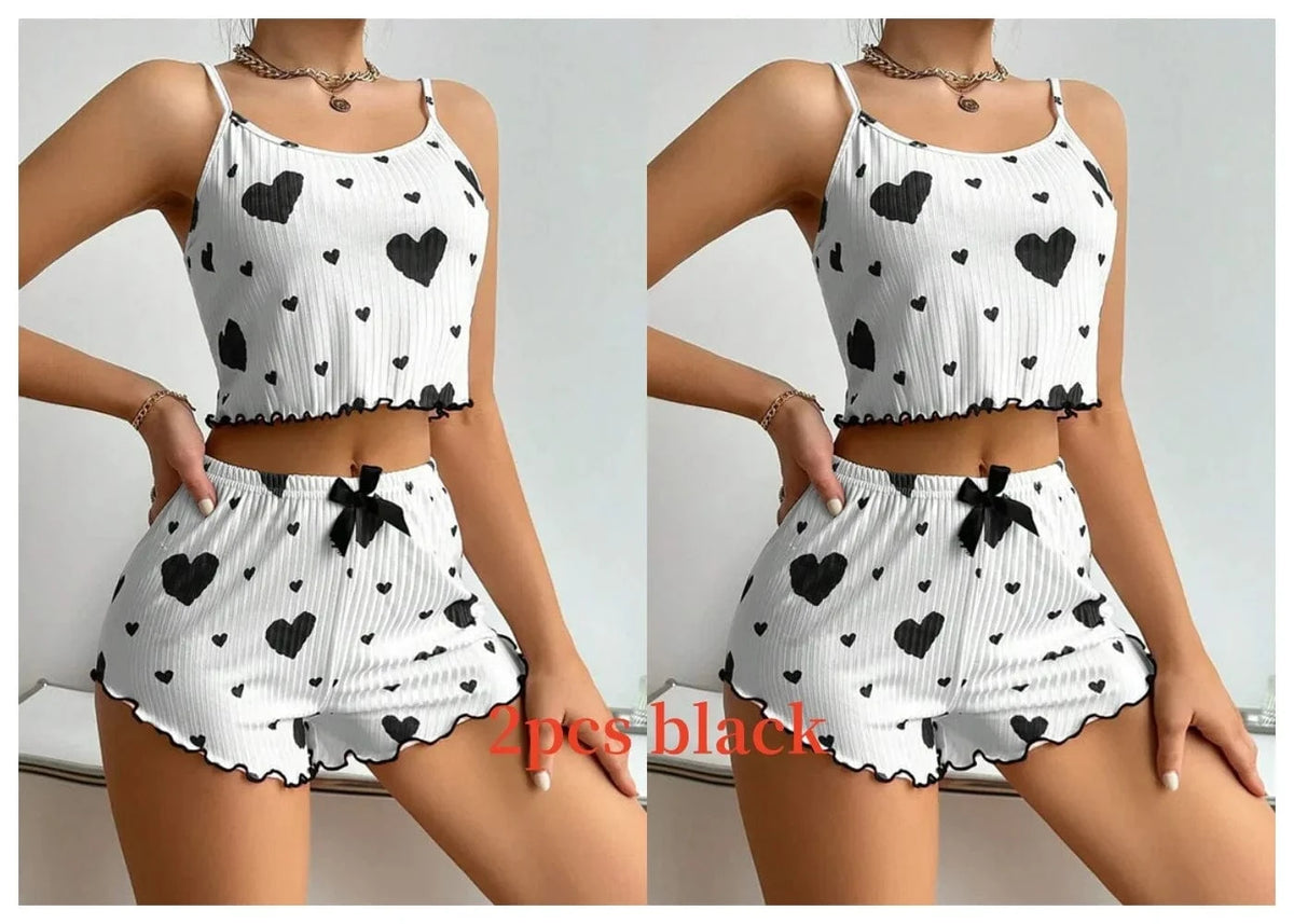 Women's Pajamas Set Sleepwear 2 PCS Short Tank Tops And Shorts S M L White Ventilate Soft Casual Love Printing - A-1 Thread Vault