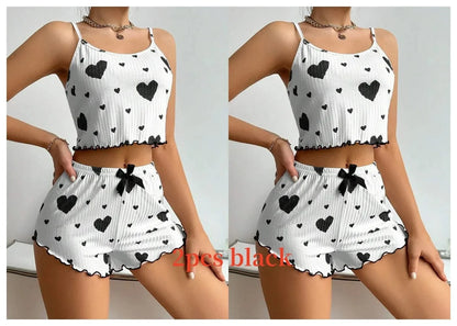 Women's Pajamas Set Sleepwear 2 PCS Short Tank Tops And Shorts S M L White Ventilate Soft Casual Love Printing - A-1 Thread Vault
