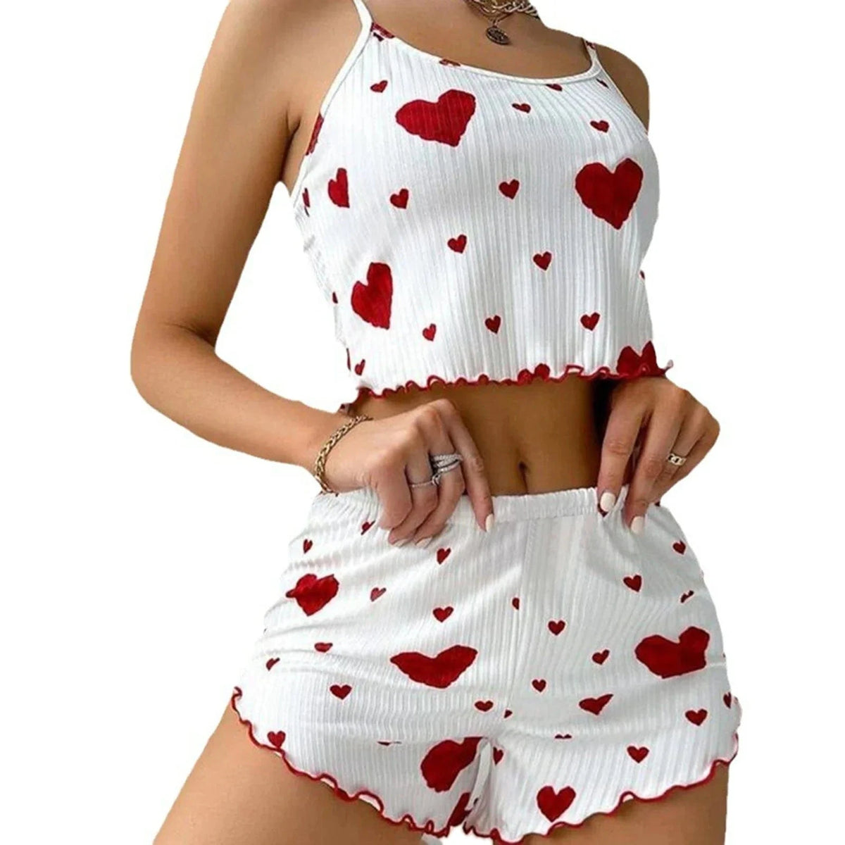 Women's Pajamas Set Sleepwear 2 PCS Short Tank Tops And Shorts S M L White Ventilate Soft Casual Love Printing - A-1 Thread Vault