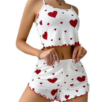Women's Pajamas Set Sleepwear 2 PCS Short Tank Tops And Shorts S M L White Ventilate Soft Casual Love Printing - A-1 Thread Vault