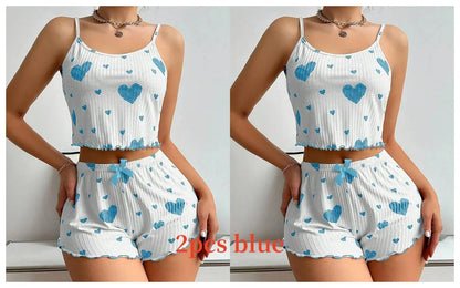 Women's Pajamas Set Sleepwear 2 PCS Short Tank Tops And Shorts S M L White Ventilate Soft Casual Love Printing - A-1 Thread Vault