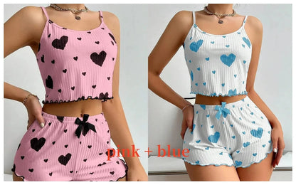 Women's Pajamas Set Sleepwear 2 PCS Short Tank Tops And Shorts S M L White Ventilate Soft Casual Love Printing - A-1 Thread Vault