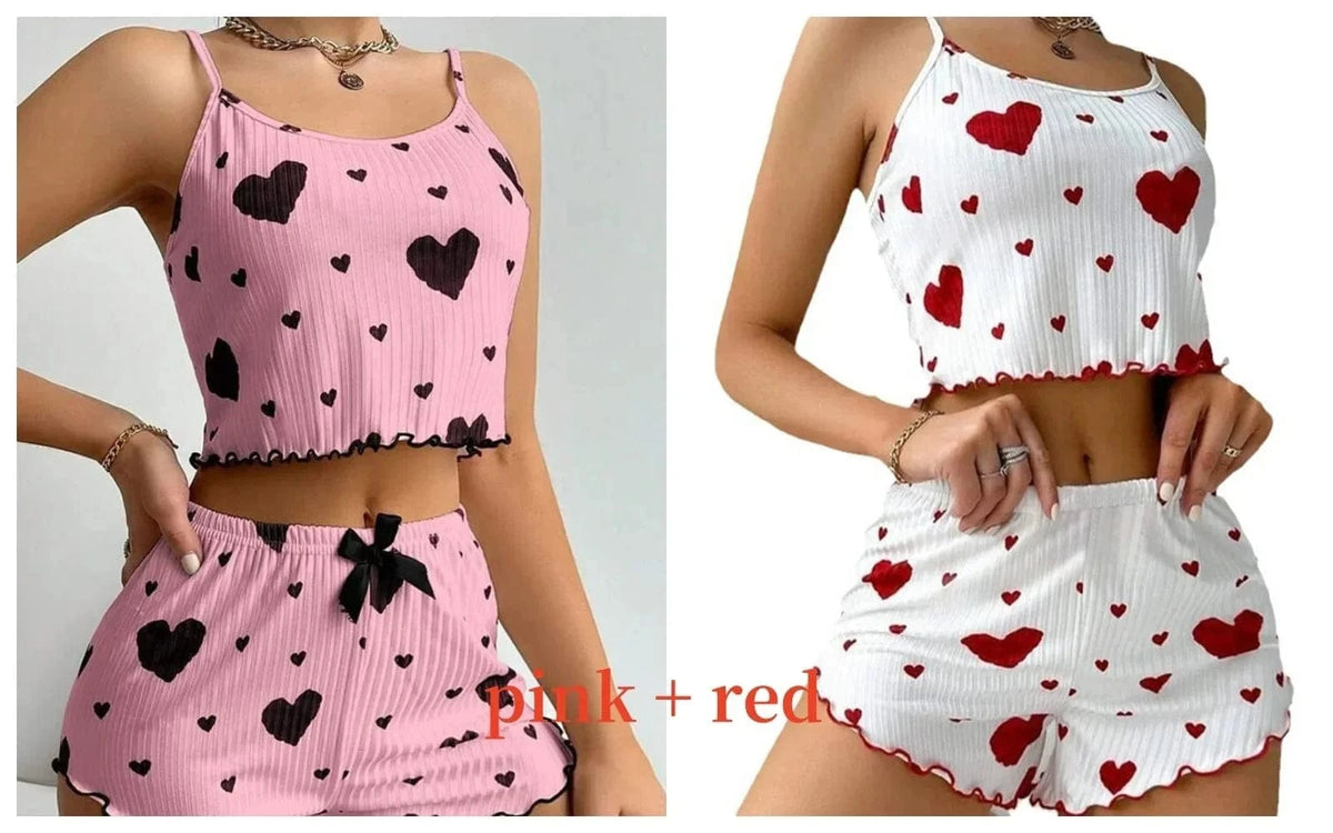 Women's Pajamas Set Sleepwear 2 PCS Short Tank Tops And Shorts S M L White Ventilate Soft Casual Love Printing - A-1 Thread Vault