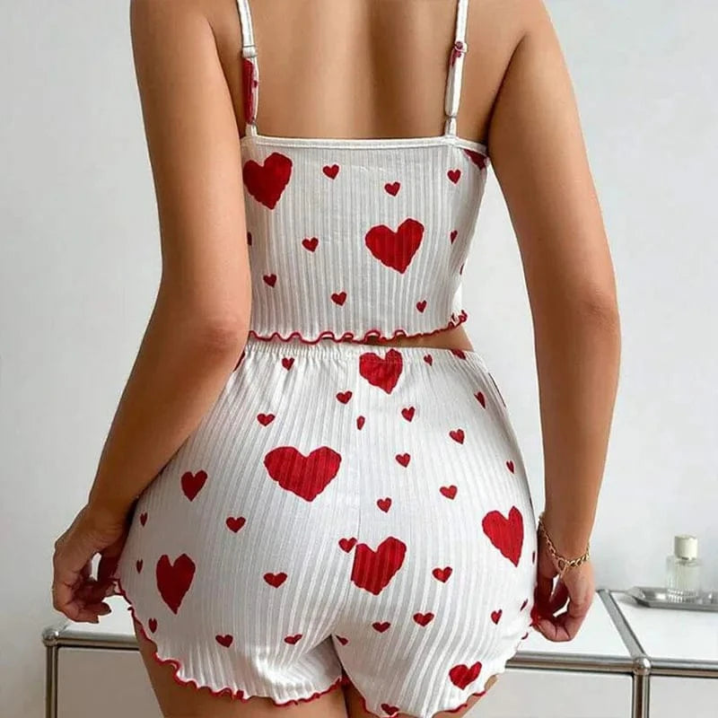 Women's Pajamas Set Sleepwear 2 PCS Short Tank Tops And Shorts S M L White Ventilate Soft Casual Love Printing - A-1 Thread Vault