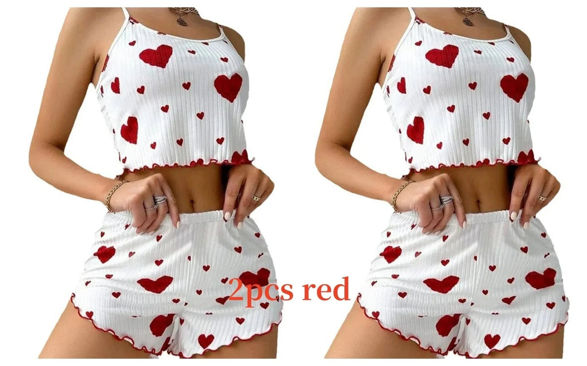 Women's Pajamas Set Sleepwear 2 PCS Short Tank Tops And Shorts S M L White Ventilate Soft Casual Love Printing - A-1 Thread Vault
