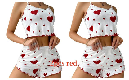 Women's Pajamas Set Sleepwear 2 PCS Short Tank Tops And Shorts S M L White Ventilate Soft Casual Love Printing - A-1 Thread Vault