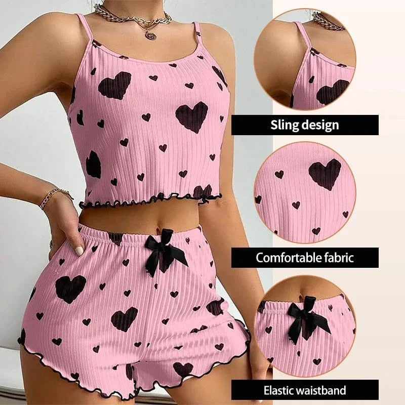 Women's Pajamas Set Sleepwear 2 PCS Short Tank Tops And Shorts S M L White Ventilate Soft Casual Love Printing - A-1 Thread Vault