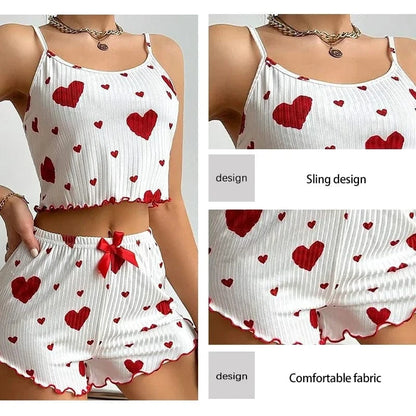 Women's Pajamas Set Sleepwear 2 PCS Short Tank Tops And Shorts S M L White Ventilate Soft Casual Love Printing - A-1 Thread Vault