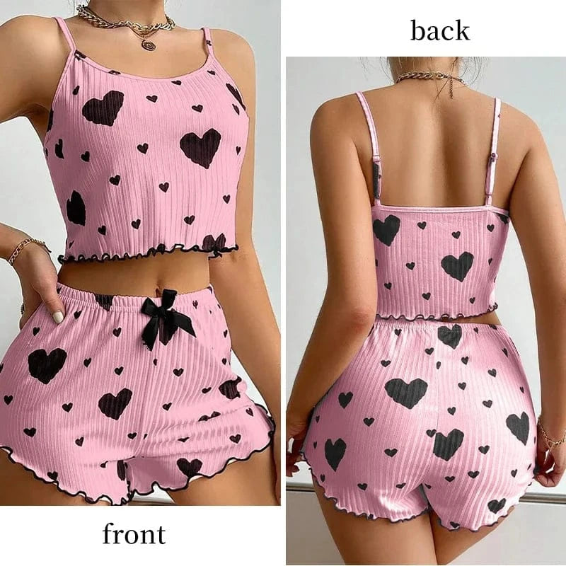 Women's Pajamas Set Sleepwear 2 PCS Short Tank Tops And Shorts S M L White Ventilate Soft Casual Love Printing - A-1 Thread Vault