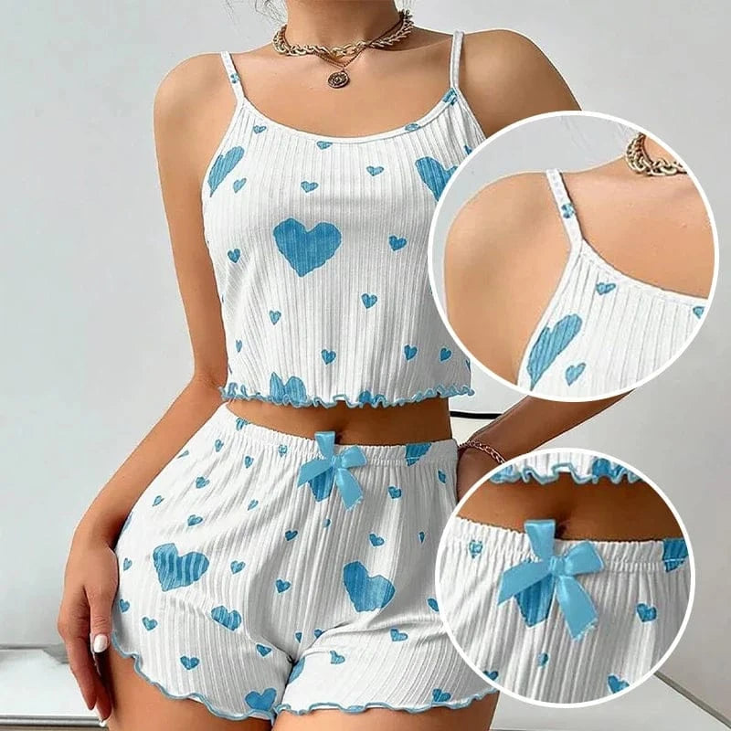 Women's Pajamas Set Sleepwear 2 PCS Short Tank Tops And Shorts S M L White Ventilate Soft Casual Love Printing - A-1 Thread Vault