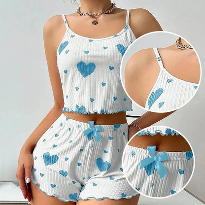 Women's Pajamas Set Sleepwear 2 PCS Short Tank Tops And Shorts S M L White Ventilate Soft Casual Love Printing - A-1 Thread Vault