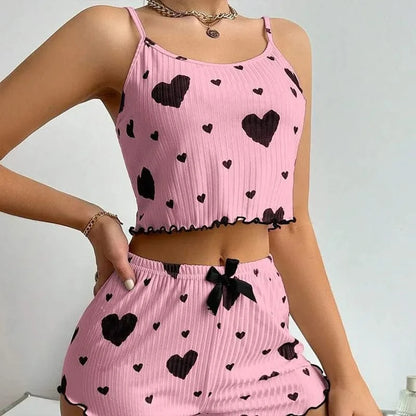 Women's Pajamas Set Sleepwear 2 PCS Short Tank Tops And Shorts S M L White Ventilate Soft Casual Love Printing - A-1 Thread Vault
