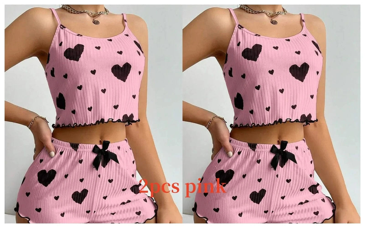 Women's Pajamas Set Sleepwear 2 PCS Short Tank Tops And Shorts S M L White Ventilate Soft Casual Love Printing - A-1 Thread Vault