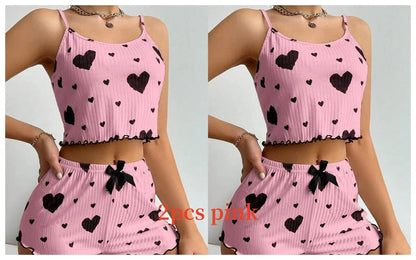 Women's Pajamas Set Sleepwear 2 PCS Short Tank Tops And Shorts S M L White Ventilate Soft Casual Love Printing - A-1 Thread Vault