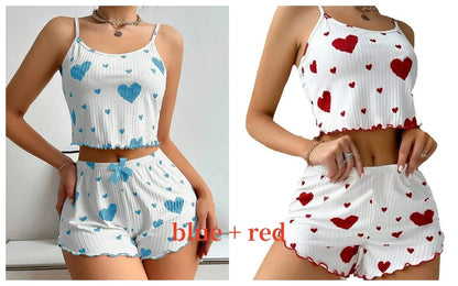 Women's Pajamas Set Sleepwear 2 PCS Short Tank Tops And Shorts S M L White Ventilate Soft Casual Love Printing - A-1 Thread Vault
