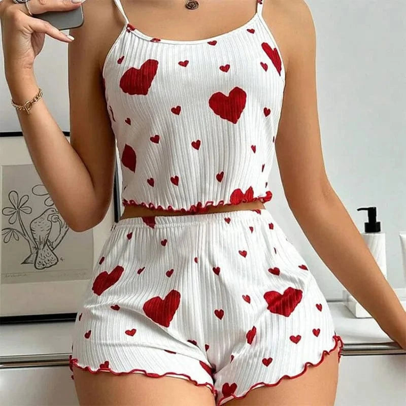 Women's Pajamas Set Sleepwear 2 PCS Short Tank Tops And Shorts S M L White Ventilate Soft Casual Love Printing - A-1 Thread Vault