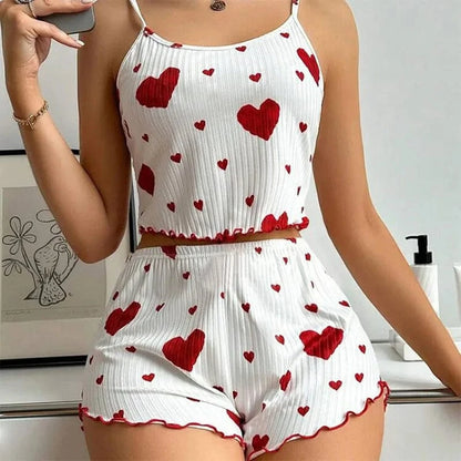 Women's Pajamas Set Sleepwear 2 PCS Short Tank Tops And Shorts S M L White Ventilate Soft Casual Love Printing - A-1 Thread Vault