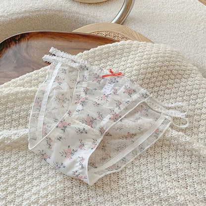 Women's panties Cross waistband Hipsters Low Rise Lace Strappy Panties Transparent Mesh Floral Pattern Sweet Bowknot Underwear B - A-1 Thread Vault