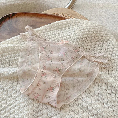 Women's panties Cross waistband Hipsters Low Rise Lace Strappy Panties Transparent Mesh Floral Pattern Sweet Bowknot Underwear B - A-1 Thread Vault