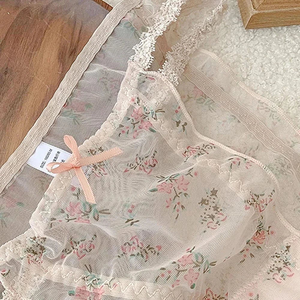 Women's panties Cross waistband Hipsters Low Rise Lace Strappy Panties Transparent Mesh Floral Pattern Sweet Bowknot Underwear B - A-1 Thread Vault