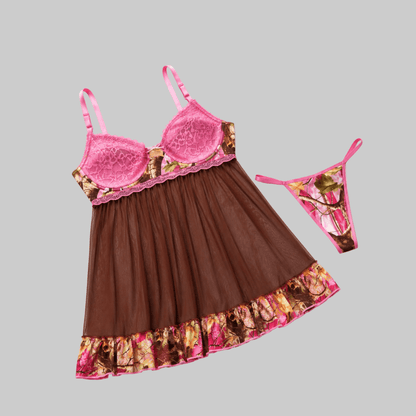 Women's Pink Camo Babydoll Lingerie Set - PinkWoods 2-Piece with Thong - Wilderness Dreams - A-1 Thread Vault