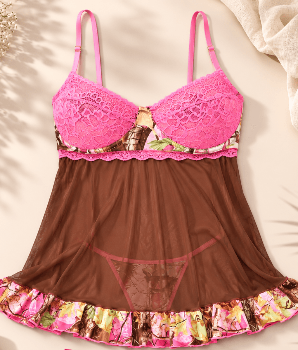 Women's Pink Camo Babydoll Lingerie Set - PinkWoods 2-Piece with Thong - Wilderness Dreams - A-1 Thread Vault