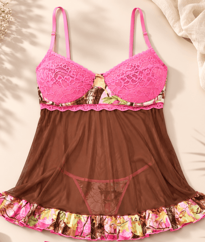 Women's Pink Camo Babydoll Lingerie Set - PinkWoods 2-Piece with Thong - Wilderness Dreams - A-1 Thread Vault