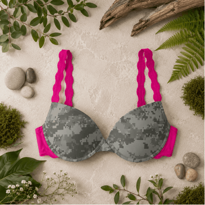 Women's Pink Camo Hunting Bra - Atlas Fuchsia Lace T-Shirt Bra - Wilderness Dreams - A-1 Thread Vault