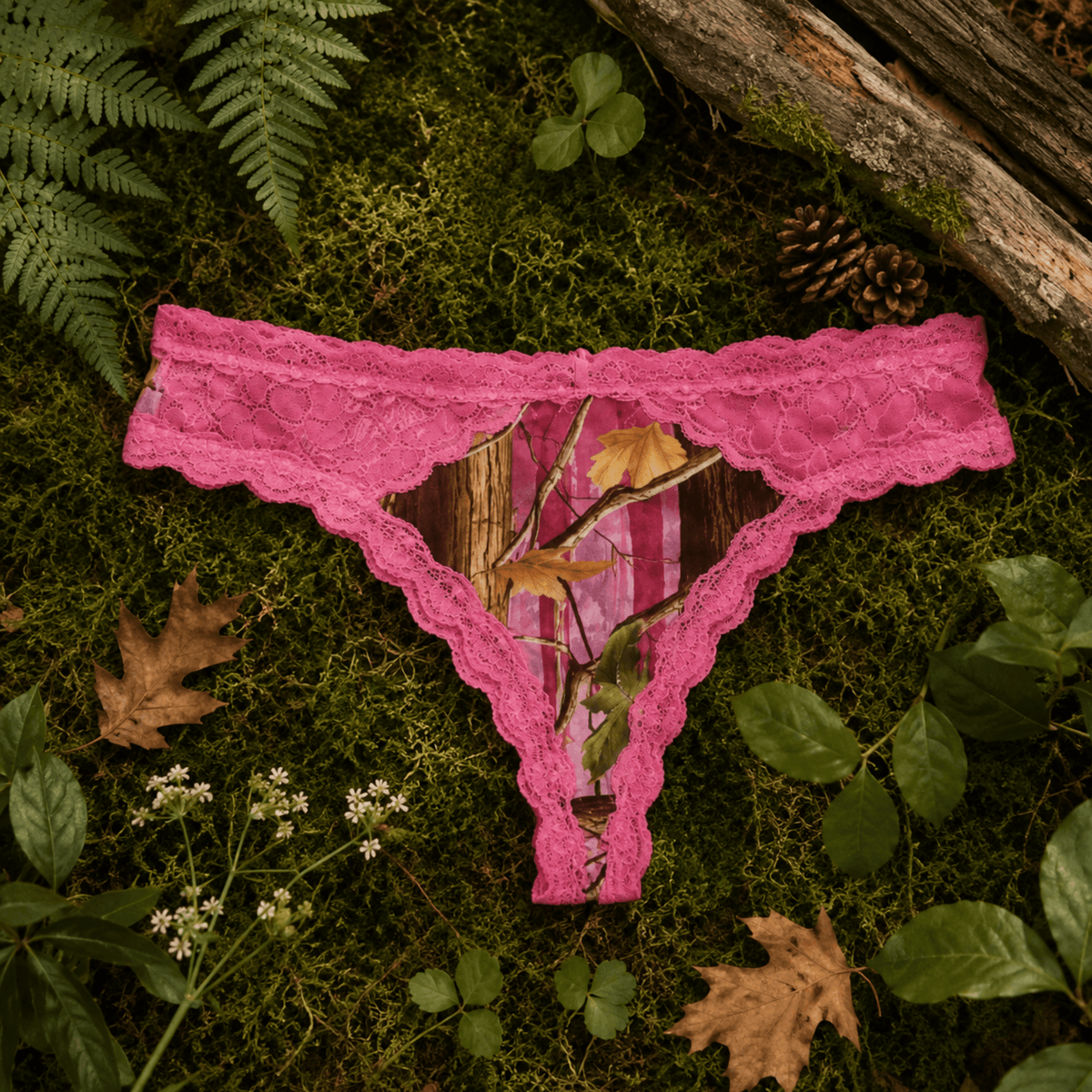 Women's Pink Camo Lace Thong - PinkWoods Hunting Underwear - Wilderness Dreams - A-1 Thread Vault